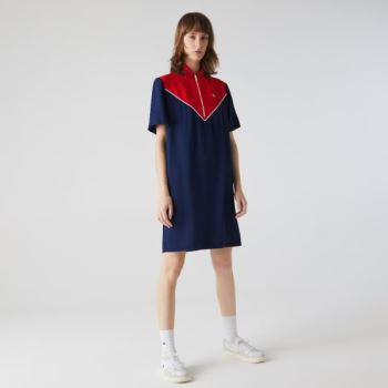 Lacoste Zip-Collar Colorblock Polo Dress Dámské - Šaty Blankyt / Bílé / Červené | CZ-PRTcax